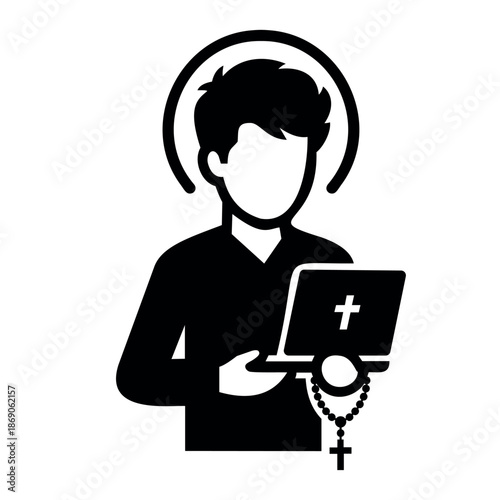 Logo of Saint Carlo Acutis. Icon and young Catholic with a laptop..eps