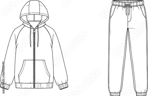 Technical flat sketch of zip up hoodie and joggers set, casual sportswear template, apparel vector isolated on white, fashion design.