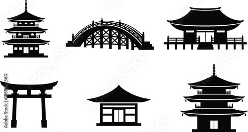 Traditional Japanese Architecture Silhouette Set, Pagoda Towers, Shinto Torii Gate, Asian Temple, Wooden Moon Bridge, Oriental Cultural Landmarks, Black Vector Icons.