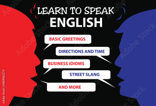 Learn to Speak English language. Two heads talking with speech bubbles. Editable Clip Art.