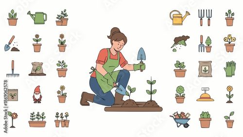 Woman Gardening Planting Seedlings Surrounded by Garden Icons.