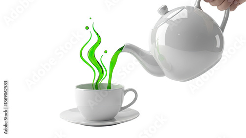 Green liquid pouring from teapot into cup