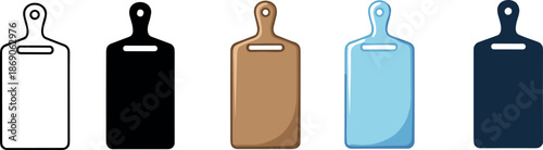Kitchen cutting board icons set in flat and outline styles illustrating cooking tools, food preparation equipment, culinary accessories, and modern kitchen design elements