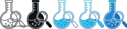 Laboratory research and science experiment icons set featuring chemistry flasks with magnifying glass, analysis process, scientific discovery, and educational laboratory concepts