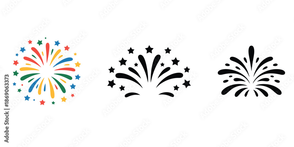Fototapeta premium Firework Icon Set with Colorful and Silhouette Burst Shapes Isolated on White Background