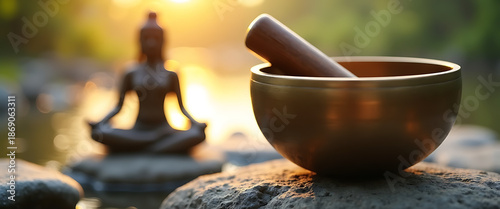 Singing bowl on rock in nature with blurred buddha statue in yoga pose practicing meditation at sunrise spiritual