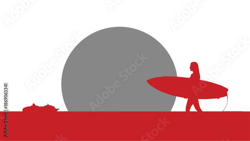 Red silhouette of a surfer walking with surfboard at sunset
