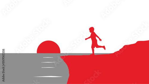 Silhouette of a person running on a cliff edge at sunset