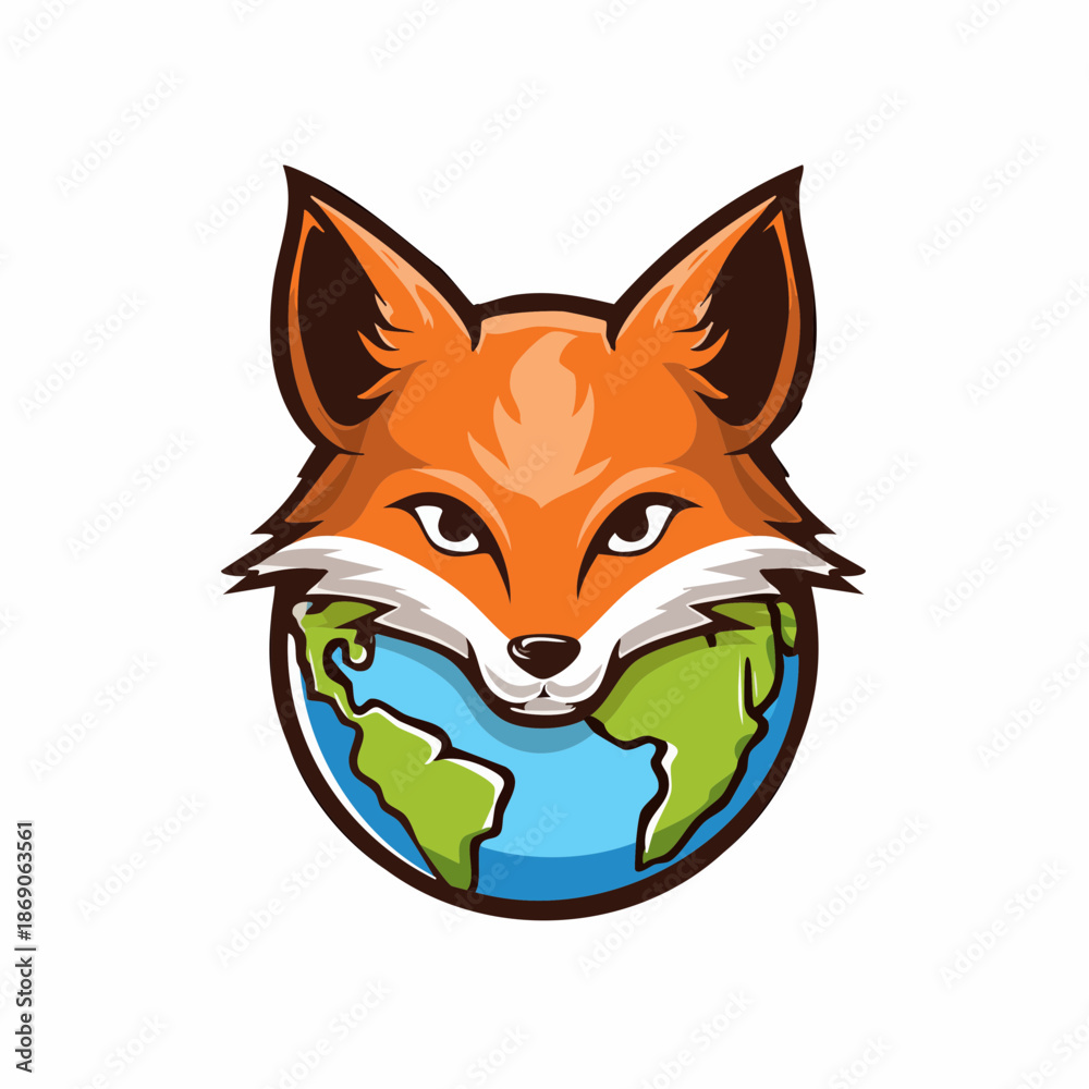 Obraz premium Fox mascot illustration holding globe in colorful vector cartoon style 