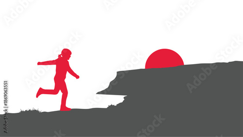 Person running on cliff edge towards sunset