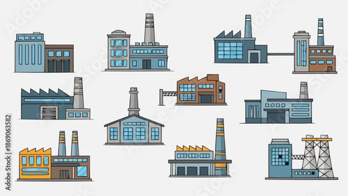 Collection of diverse industrial factory buildings with smokestacks.
