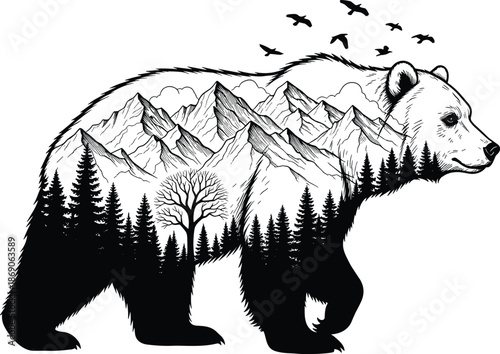 Double exposure bear illustration with mountains forest trees and birds, wildlife nature art in black and white engraving style vector design