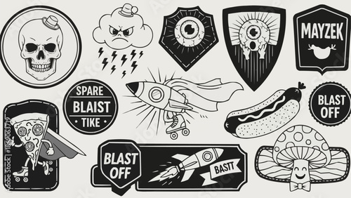 Collection of cartoon style graphic design elements and icons.