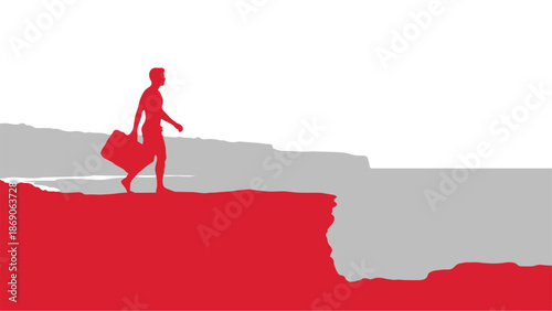 A red silhouette of a person walking on a cliff edge with a suitcase