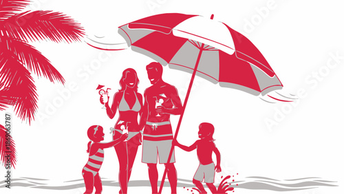 A red illustration of a family under a beach umbrella on the beach