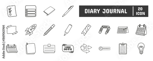 20 Diary Journal Line Icon Illustration Set