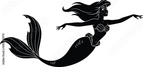 Elegant mermaid silhouette with flowing hair and detailed tail fantasy sea creature illustration in black vector style for decorative art design