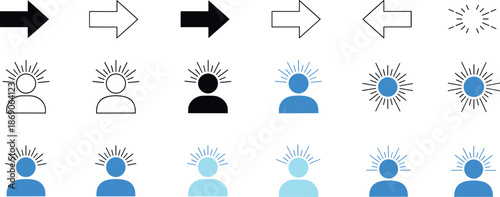 Abstract communication and idea icons set featuring arrows, users, and light rays symbolizing direction, inspiration, interaction, leadership, and creative thinking concepts