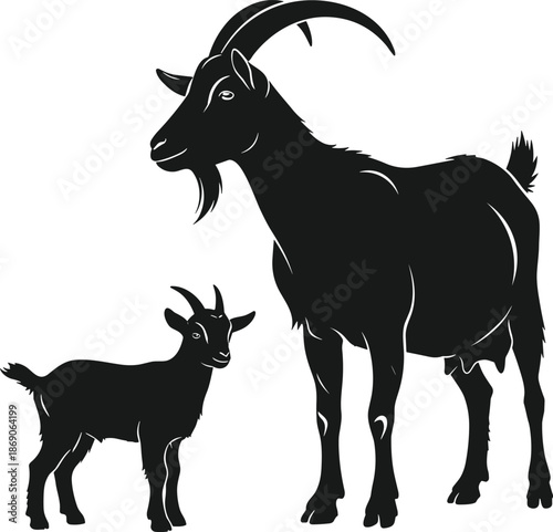 Goat and kid silhouette illustration showing domestic farm animal pair in black vector style for agriculture livestock design branding icons