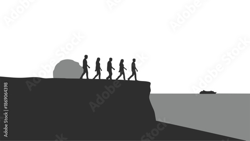 Silhouette of people walking on cliff edge at sunset