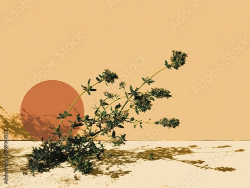 Green Herb with Red Circle on Beige Background