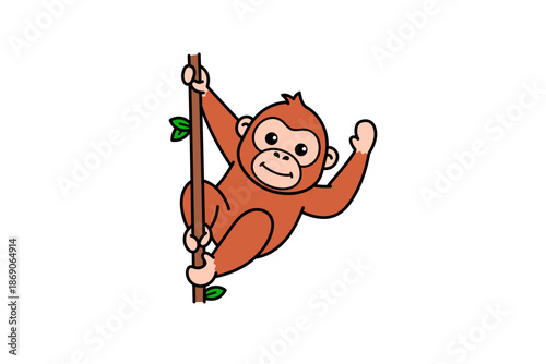 Orangutan Hanging on Root Cartoon Illustration