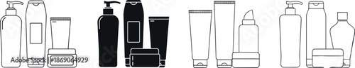Cosmetic skincare packaging icons set featuring beauty product bottles, tubes, jars, personal care containers, and modern hygiene product design concepts