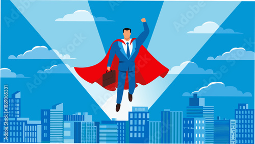 Confident businessman in superhero pose flying over cityscape