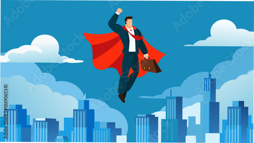 Confident businessman in superhero cape flying over cityscape