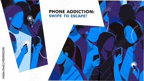 People addicted to smartphones in a crowd