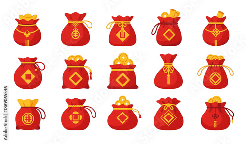 Chinese lucky bags flat vector icon set with traditional fortune fabric pouches isolated on transparent background