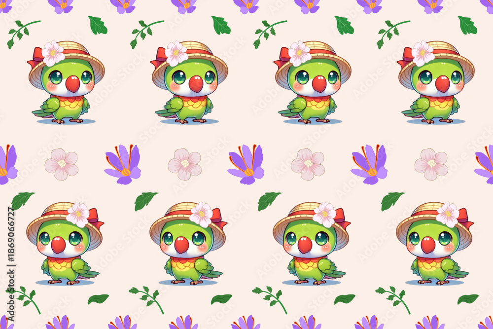 Fototapeta premium set of cartoon birds, parrot ,seamless pattern ,wallpaper