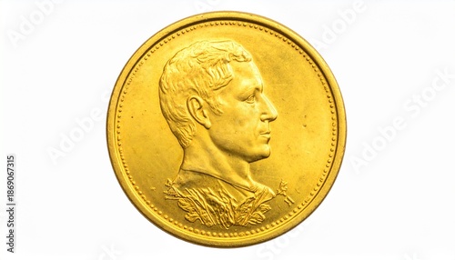 Detailed Close-Up of a Golden Coin Featuring a Profile Portrait of a Historical Figure.