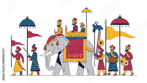 Vector illustration of a colorful Indian festival procession with an elephant and musicians in traditional attire, showcasing Patiala Heritage in INDIA.