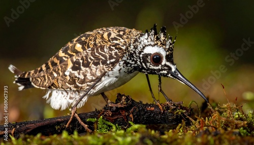 Detailed Close-Up of a Snipe Bird with Unique Camouflage and Long Beak in Natural Habitat.