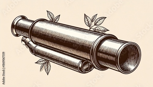Detailed Engraved Illustration of a Vintage Spyglass with Decorative Foliage Elements.