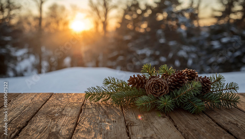 Rustic table with pinecones and evergreen at sunset