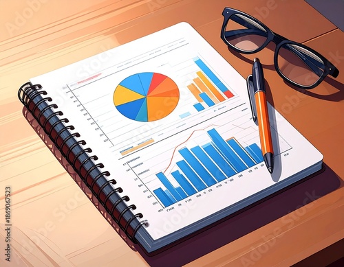 Detailed Financial Analysis - Notebook with Charts, Pen, and Glasses on Wooden Surface.