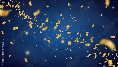 A vibrant celebration background with gold confetti and streamers on a dark blue gradient