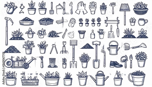 Detailed Hand-Drawn Garden Tools and Plants Collection for Gardening Enthusiasts.