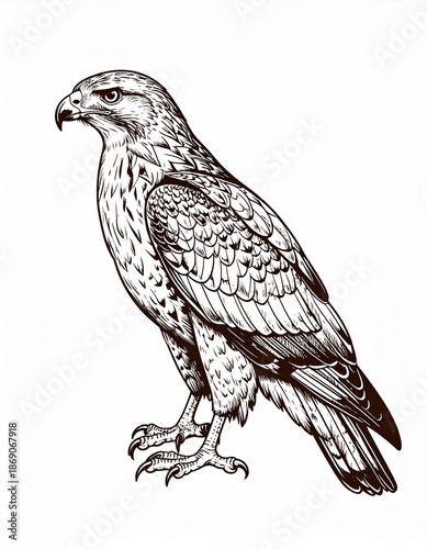 Detailed Illustration of a Hawk Standing on White Background