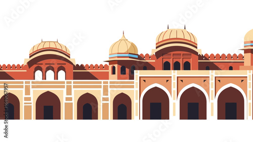 Vector illustration of the Patiala Heritage building facade with domes and arches in INDIA, showcasing a vibrant festival atmosphere with warm orange tones.