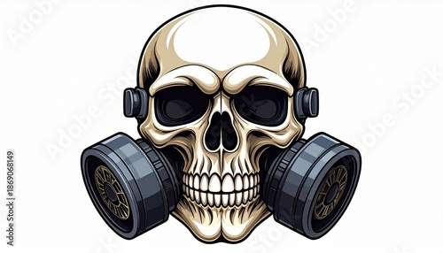 Detailed Illustration of a Skull Wearing a Gas Mask, Symbolizing Danger and Protection.