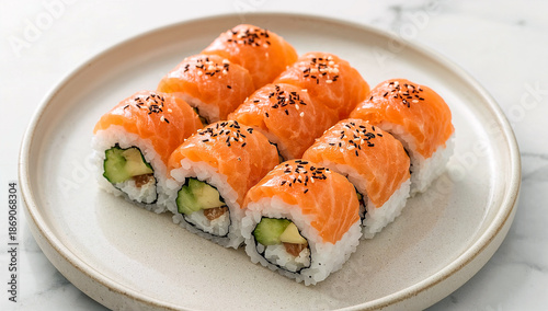 Salmon topped sushi rolls with cucumber and sesame seeds