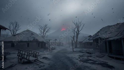 Abandoned village landscape with fog and red sky