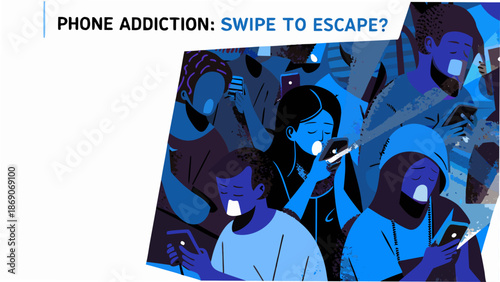 People addicted to smartphones in a crowd