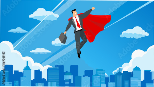 Businessman in red cape flying over cityscape with briefcase