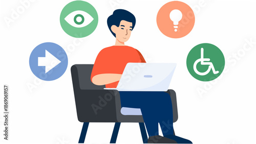 Man working on laptop with accessibility symbols around him