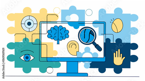 Vibrant puzzle pieces with brain, eye, ear, and hand icons on screen