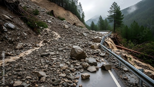 Mountain Road Damaged by Landslide and Heavy Rainfall